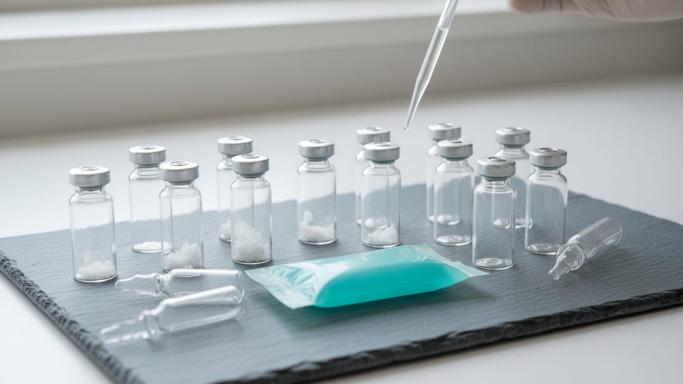 Illustration: A collection of clear glass vials, some with powder, and a teal cold pack on a slate surface.