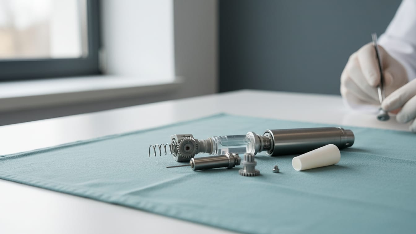 Illustration: A partially disassembled medication pen injector on a soft teal surface.