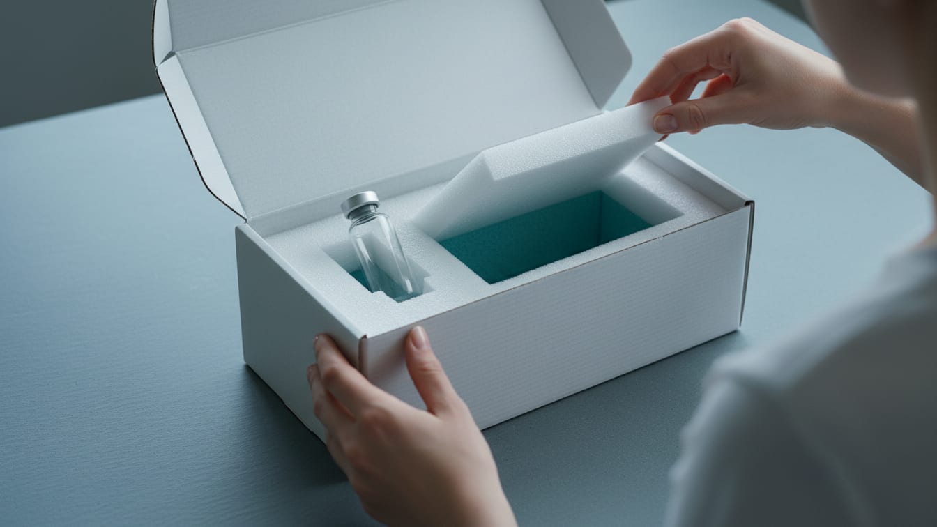 Illustration: An empty clear glass vial in a partially opened insulated shipping box with foam inserts.