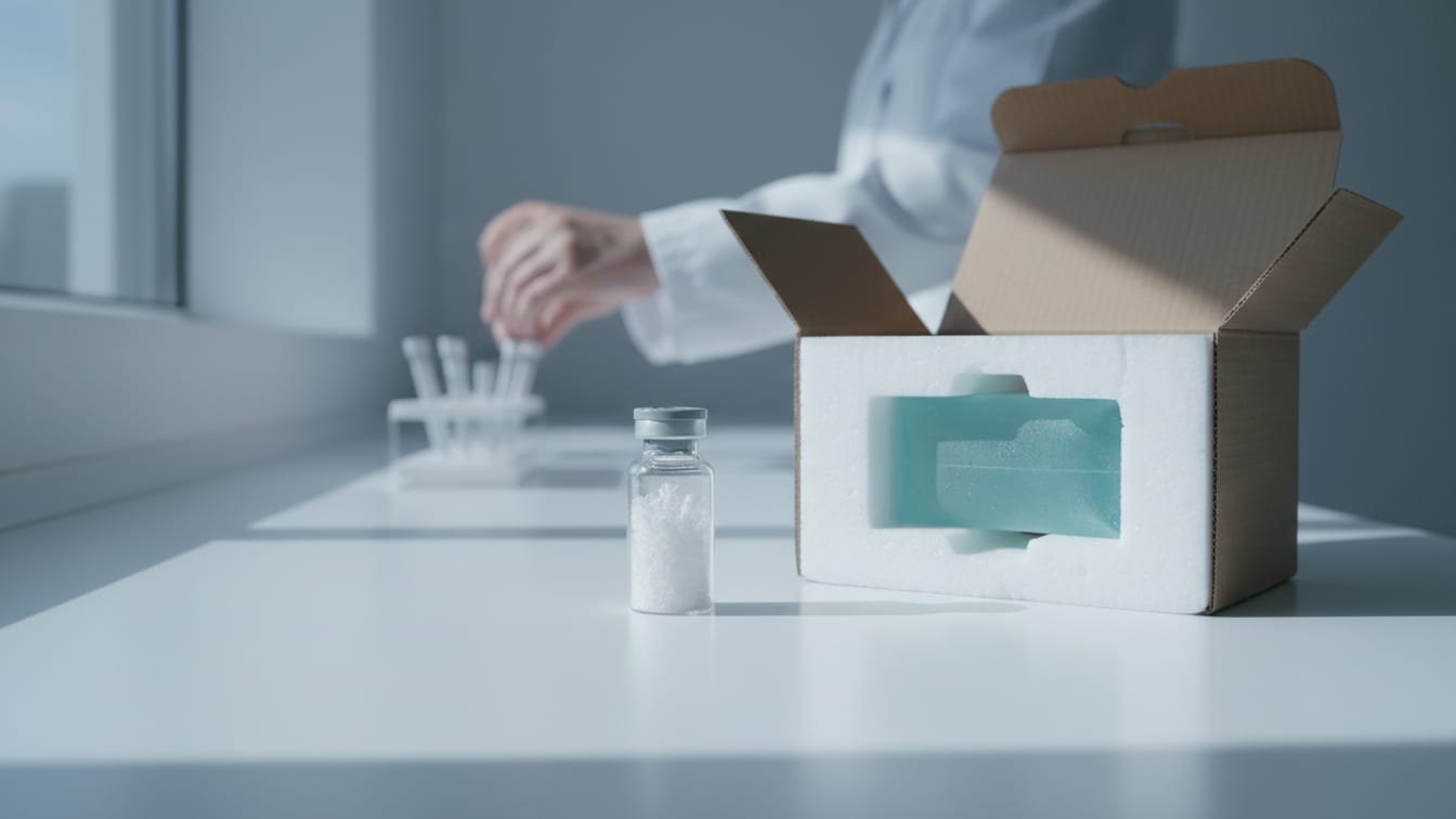 Illustration: A clear glass vial with powder next to an open insulated shipping box with a teal cold pack.
