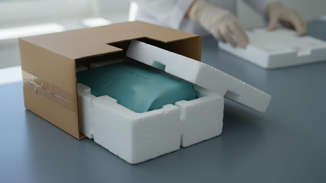 Illustration: Insulated shipping box with a teal cold pack and foam inserts on a cool grey surface.
