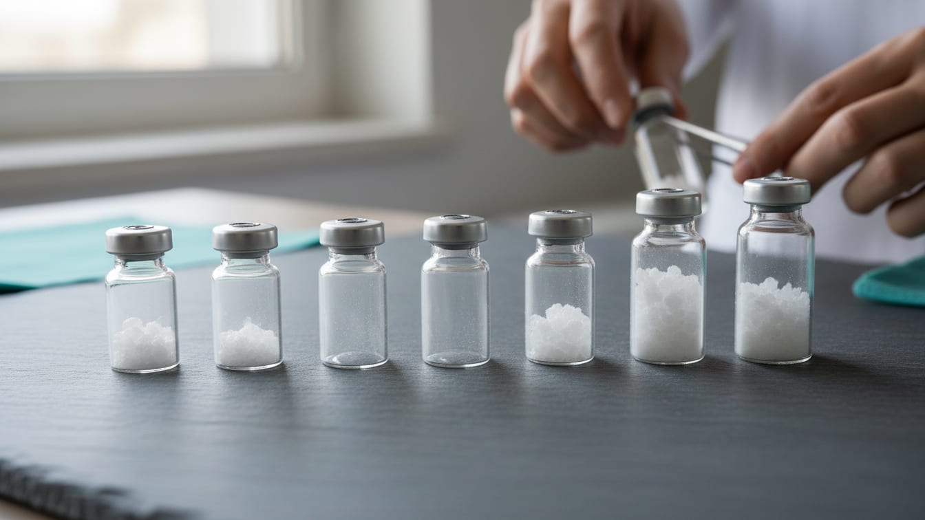 Illustration: Clear glass vials with varying amounts of white powder arranged on a slate surface.