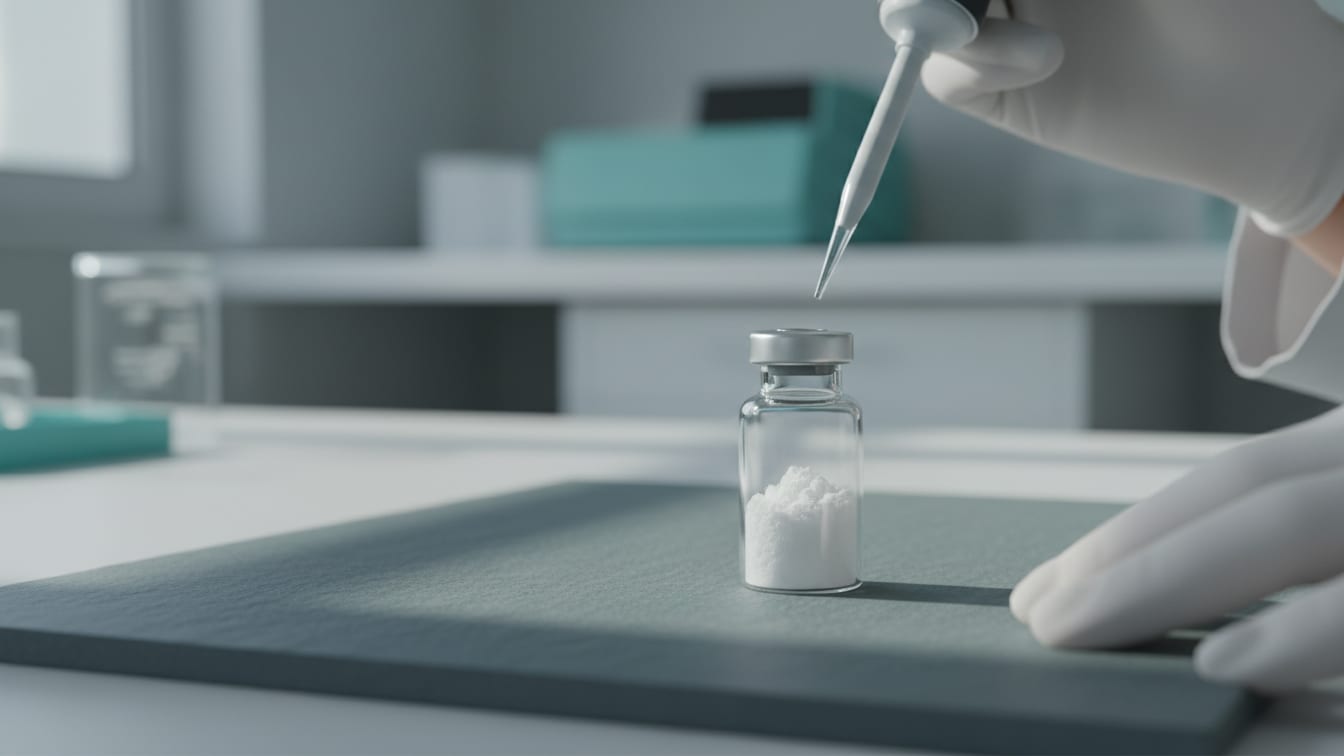 Illustration: A clear glass vial with lyophilized powder on a cool grey slate surface.