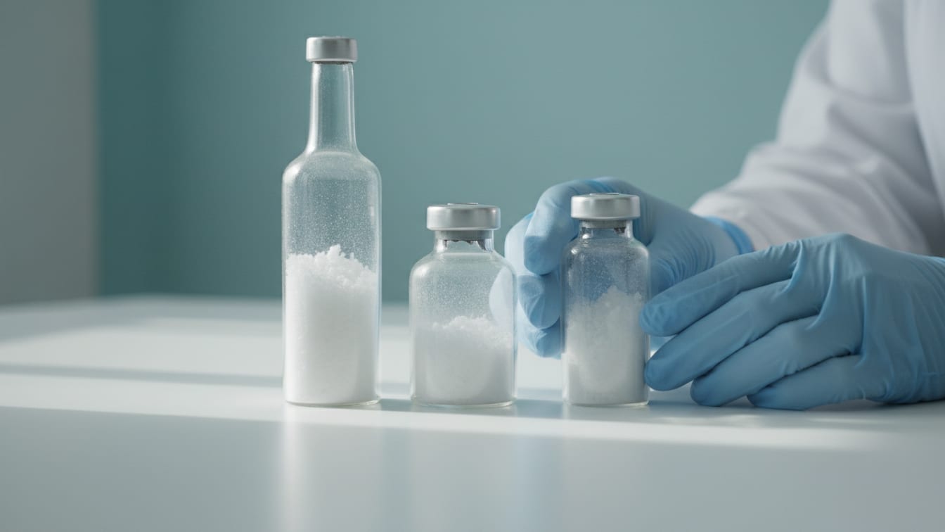 Illustration: Clear glass vials with varying amounts of white powder on a white lab surface.