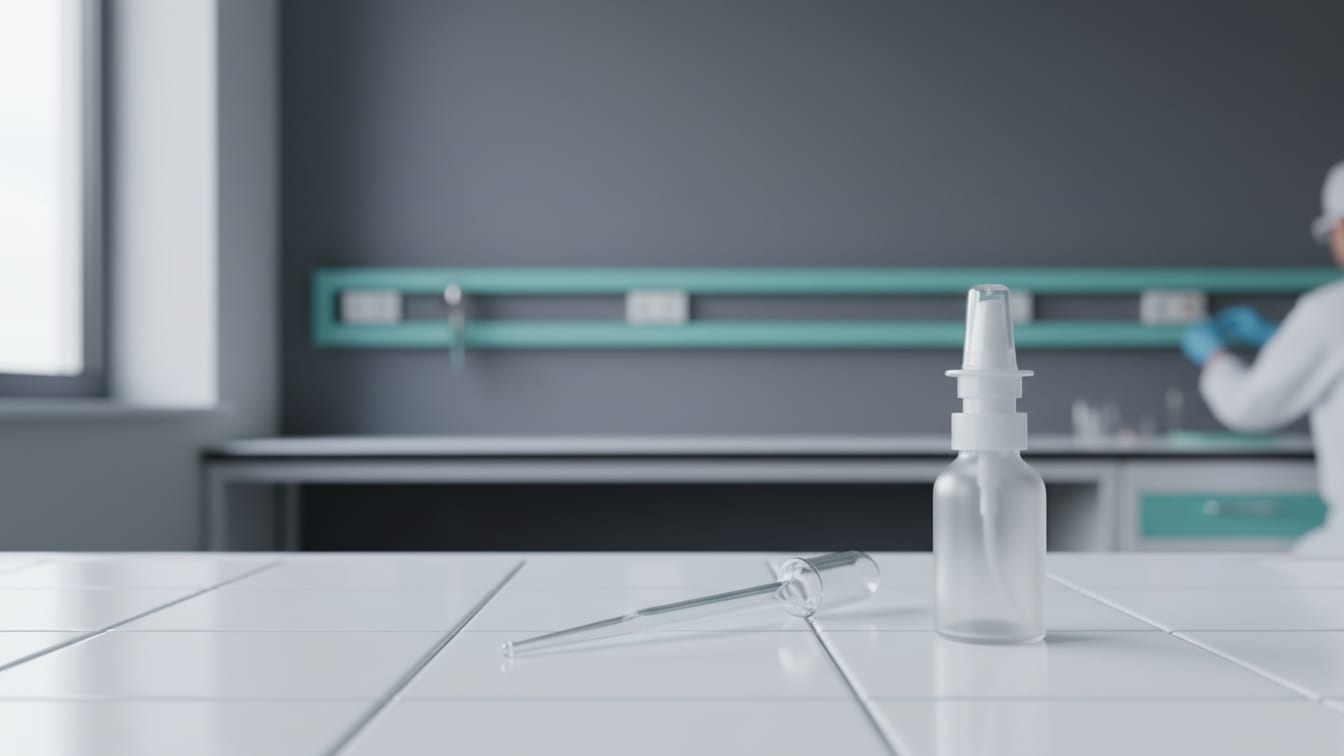 Illustration: An empty nasal spray bottle and a pipette on a laboratory bench.