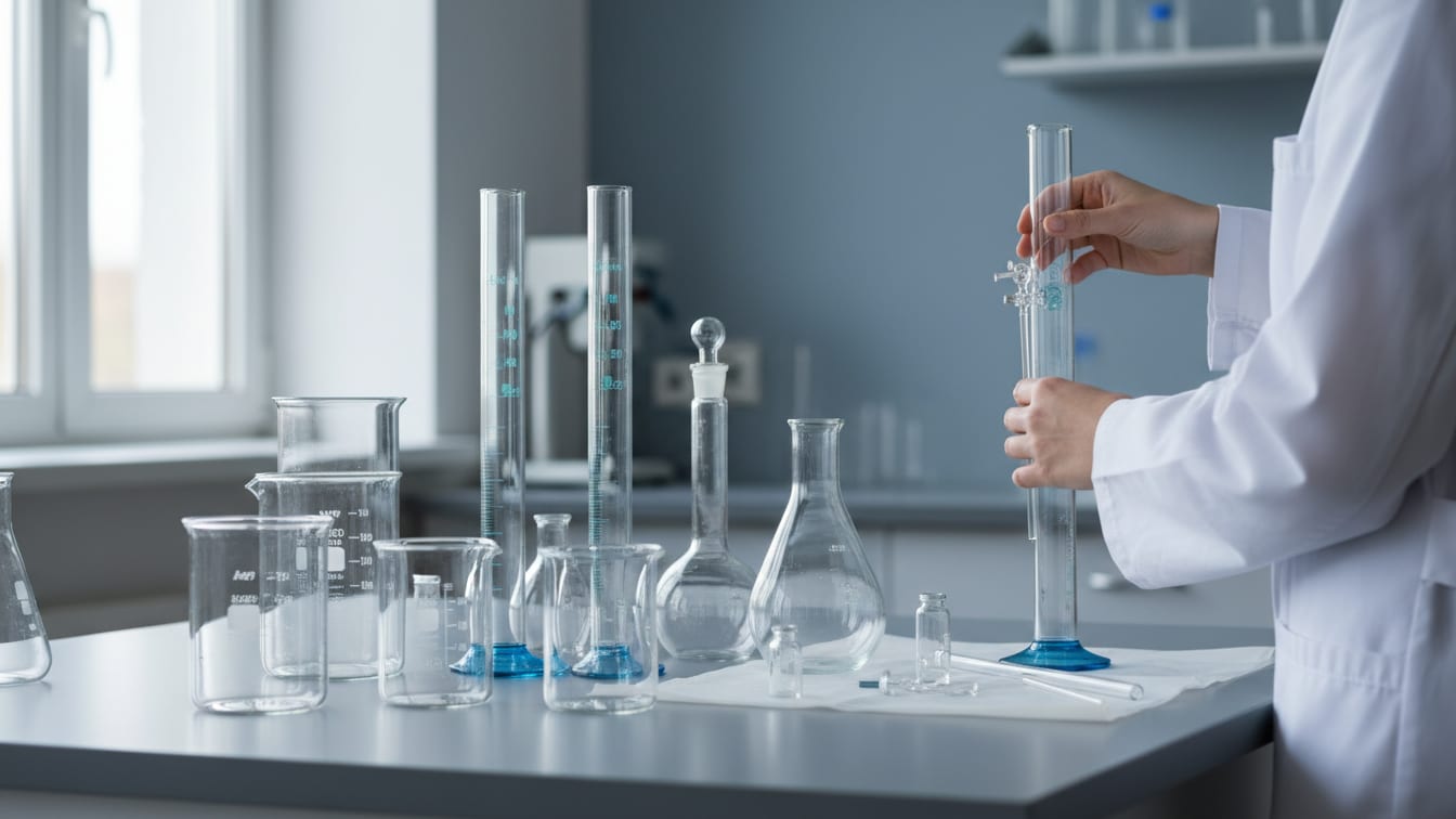 Illustration: Various laboratory measuring tools and containers on a cool grey surface, highlighting different units.