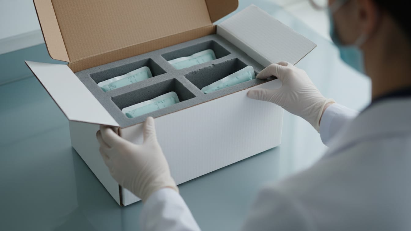 Illustration: An open insulated shipping box with foam inserts and cold packs on a cool grey surface.
