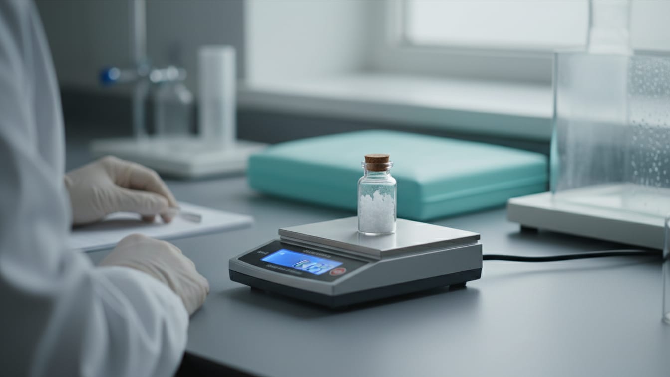 Illustration: A precision scale with a clear vial of white powder on a cool grey lab bench.