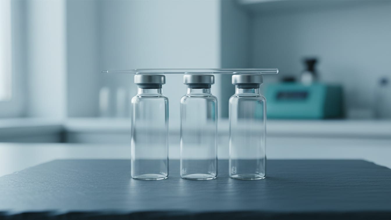 Illustration: Empty clear glass vials and a pipette on a cool grey slate surface, meticulously arranged.