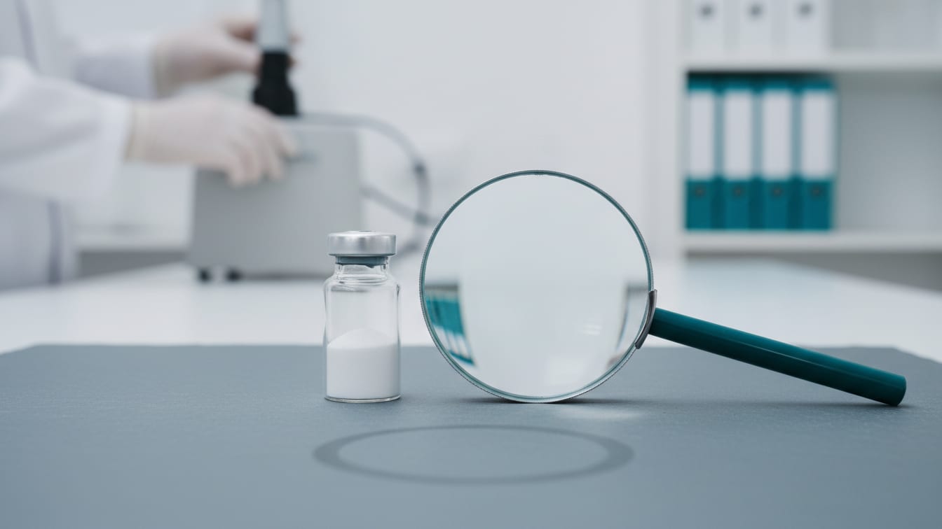 Illustration: A clear glass vial with lyophilized powder and a magnifier on a slate surface.