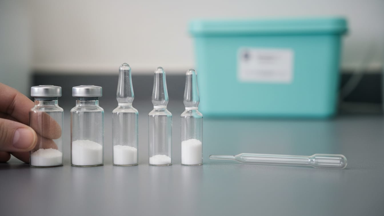 Illustration: Five clear glass vials with lyophilized powder of varying amounts, a pipette.