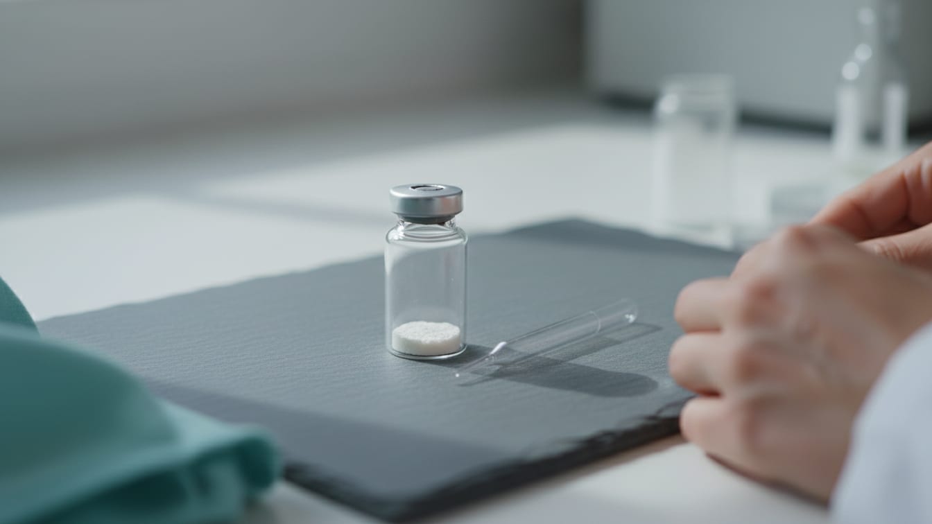 Illustration: Clear glass vial with lyophilized powder and a pipette on a slate surface.
