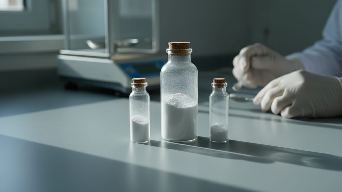 Illustration: Three clear glass vials with powder on a grey lab bench, with a precision scale.