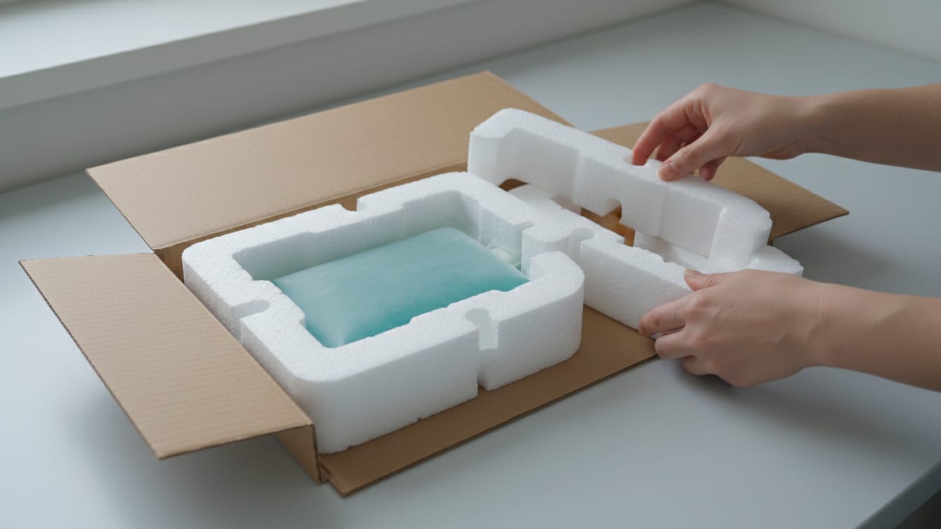 Illustration: An open insulated shipping box with foam inserts and a teal cold pack on a cool grey surface.