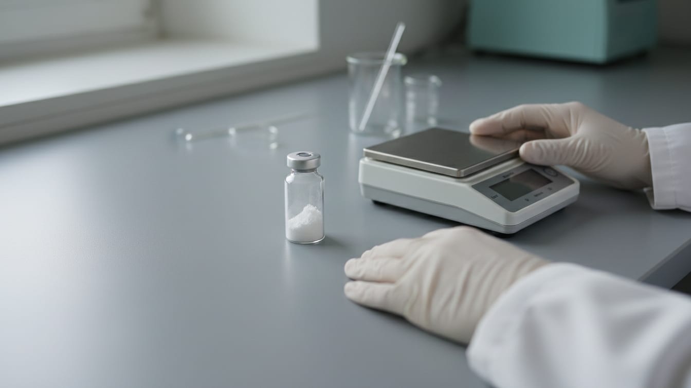 Illustration: A clear glass vial with white powder sits next to an open precision scale on a grey lab bench.