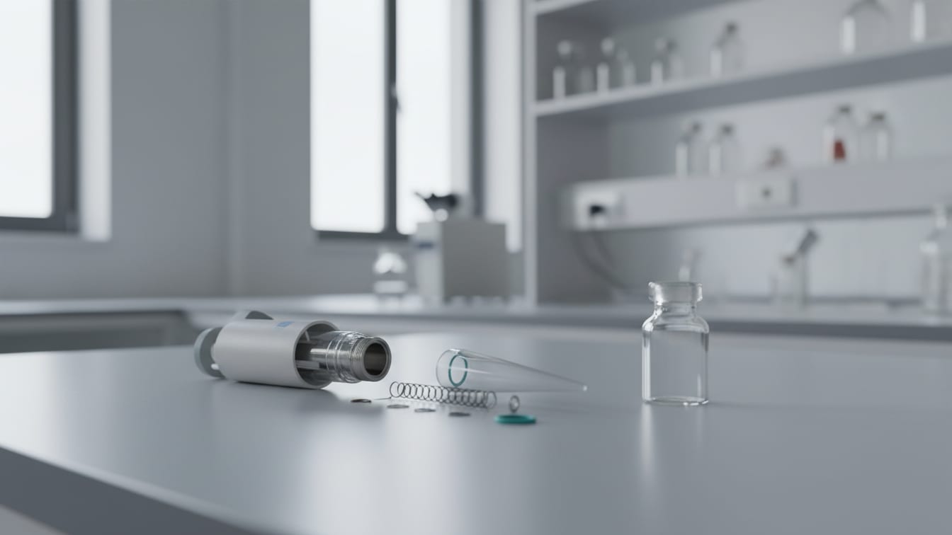 Illustration: A clean, partially disassembled laboratory pipette and an empty glass vial on a cool grey lab bench.