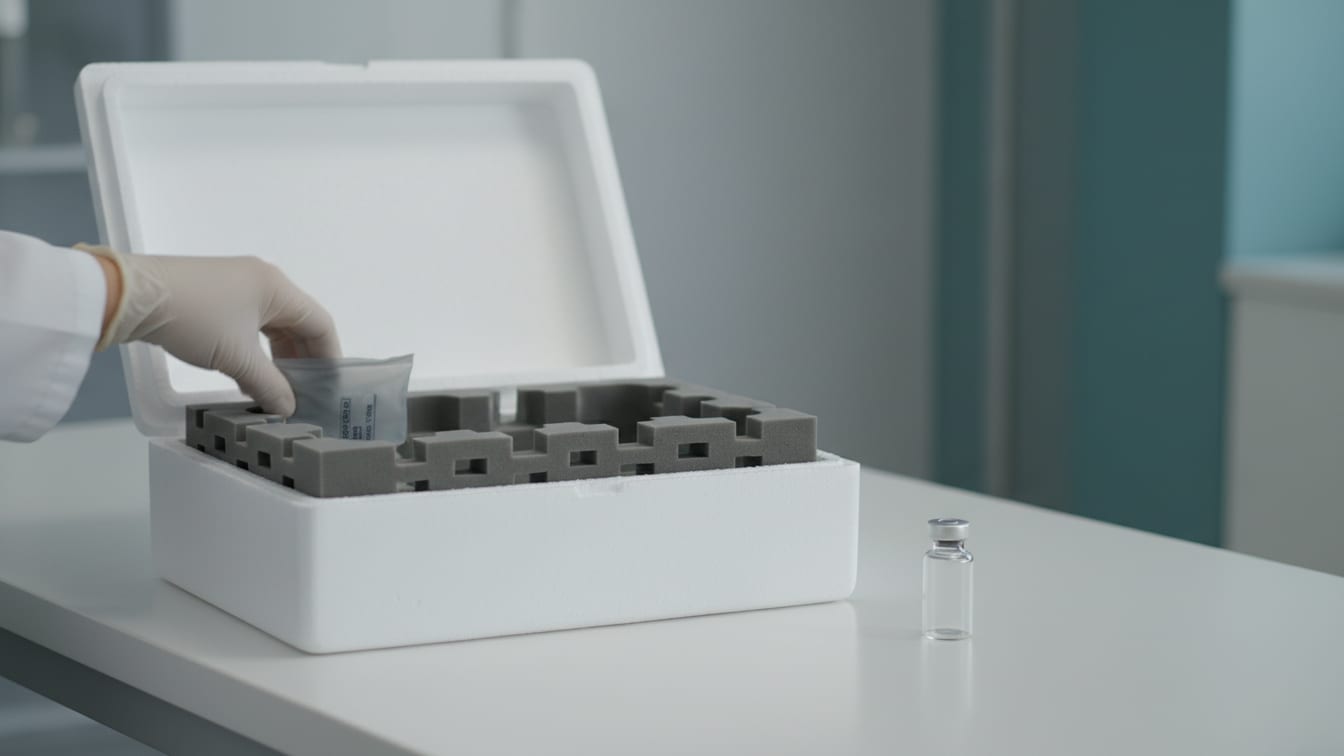 Illustration: An open empty insulated shipping box with foam inserts and a cold pack on a white lab bench.
