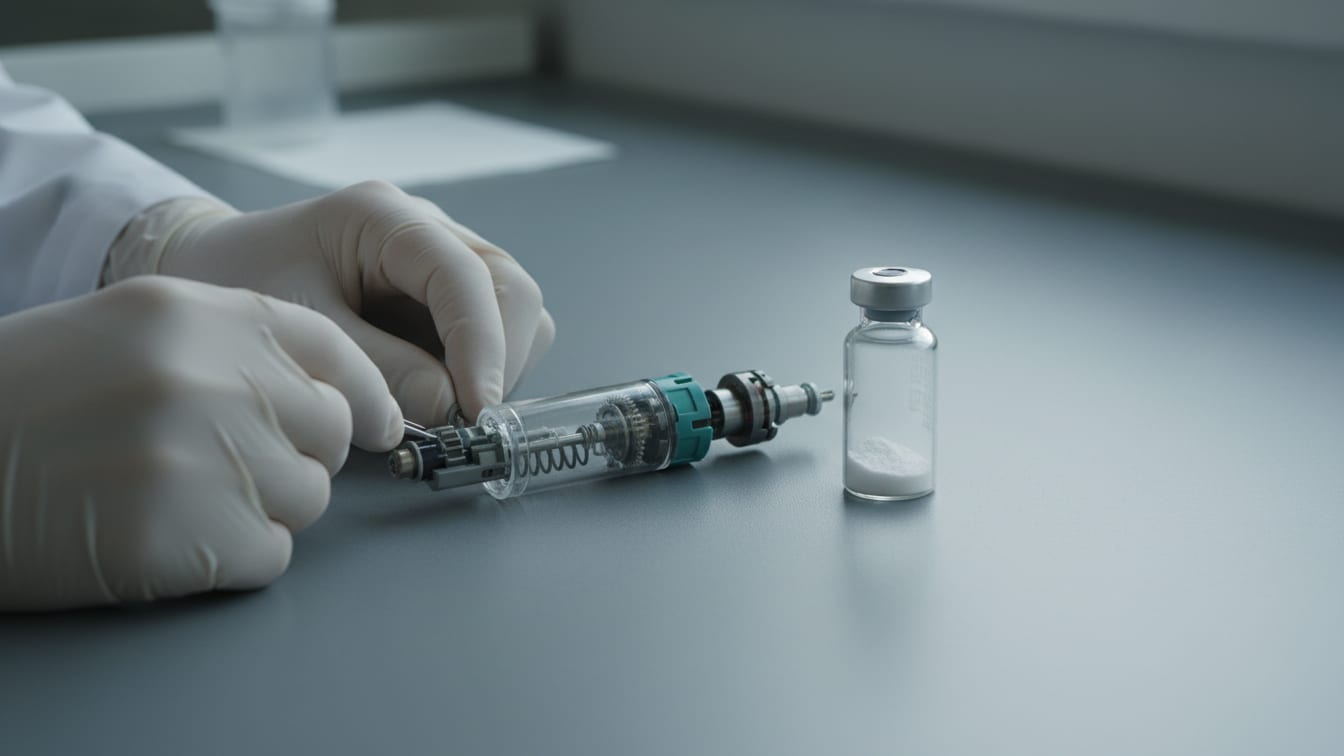 Illustration: A partially disassembled pen injector and a vial with white powder on a cool grey lab bench.