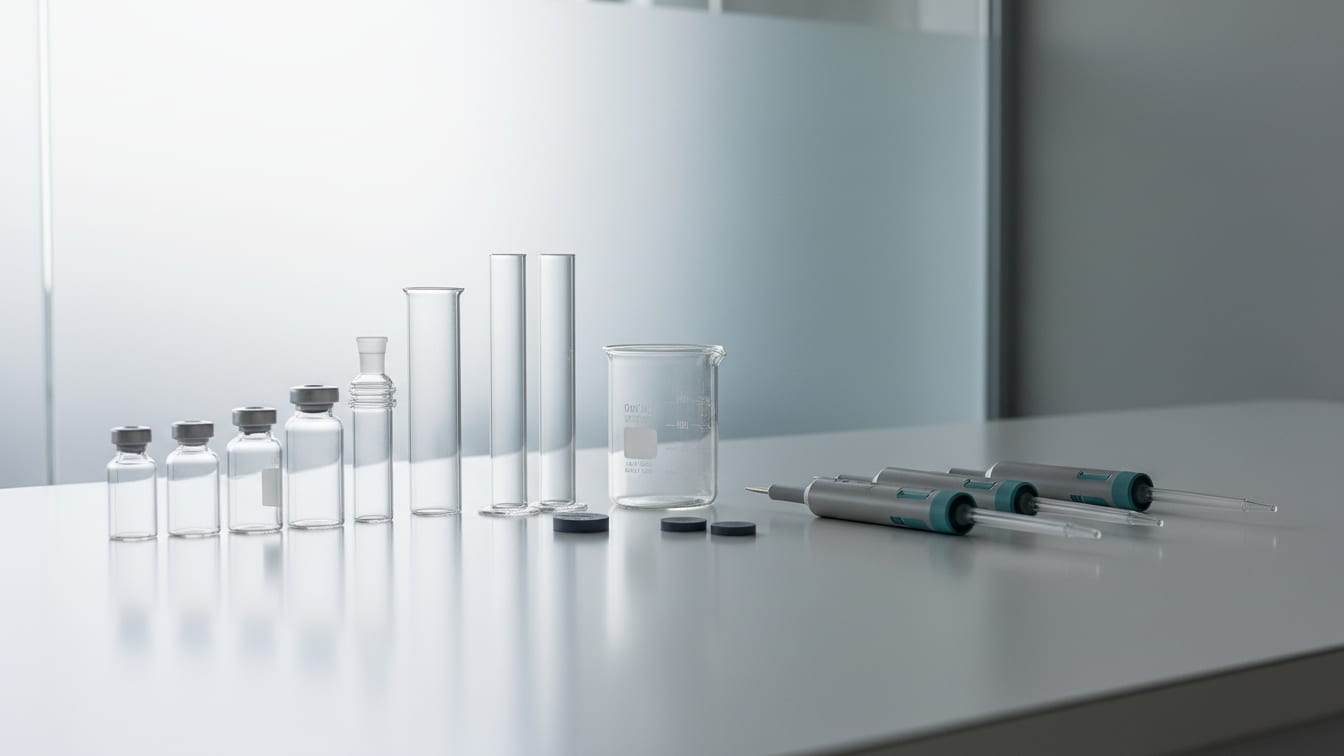 Illustration: Empty clear glass vials and pipettes on a white lab bench, suggesting precise measurement and preparation.