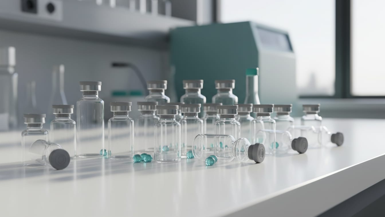 Illustration: Empty clear glass vials, some capped, some open, meticulously arranged on a white lab bench.