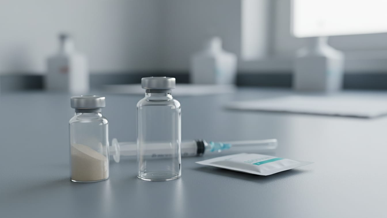 Illustration: A partially filled small vial next to a larger empty vial, with a sterile syringe.