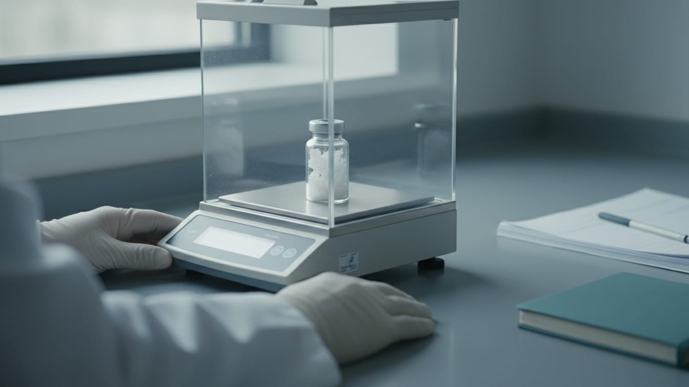 Illustration: A precision scale with a clear glass vial of lyophilized powder on a cool grey lab bench.