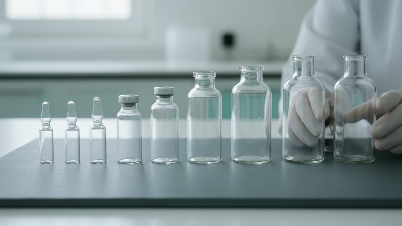 Illustration: Clear, empty glass vials of various sizes on a cool grey slate surface.