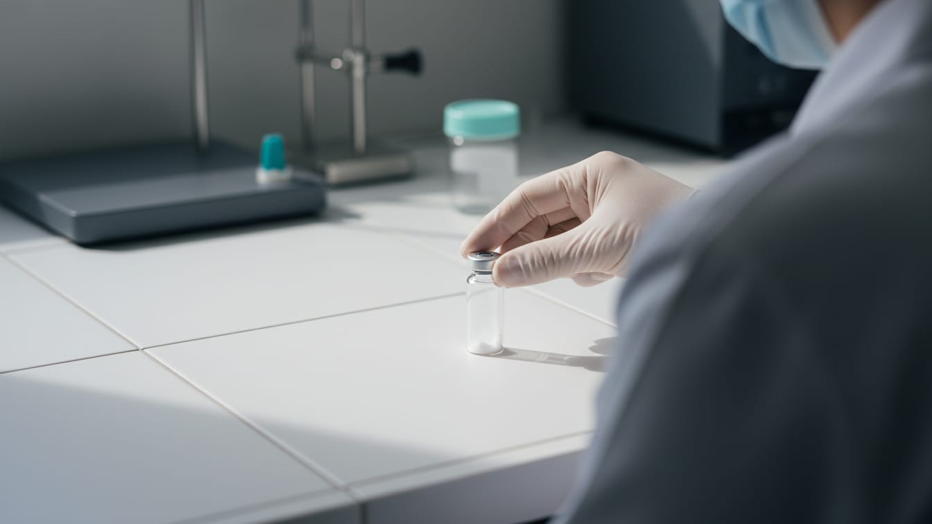 Illustration: A clear glass vial with an almost imperceptible amount of white powder on a white tile.