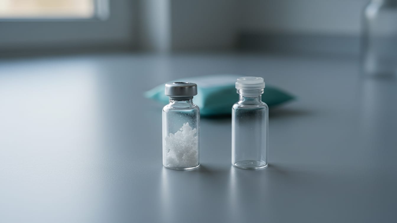 Illustration: Two clear glass vials, one with powder, one empty, on a cool grey lab bench with a teal cold pack.