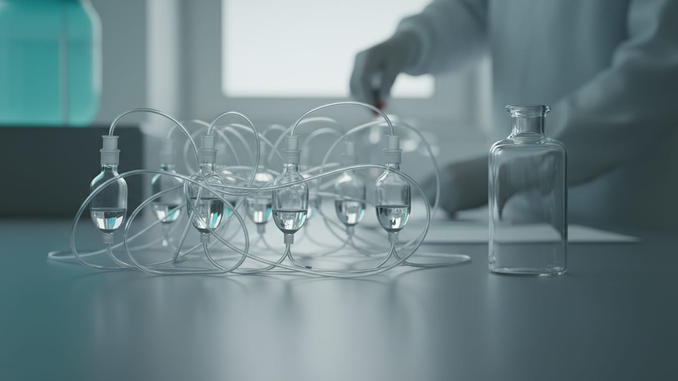Illustration: Clear intravenous drip bags with tubing on a sterile, cool grey laboratory surface.