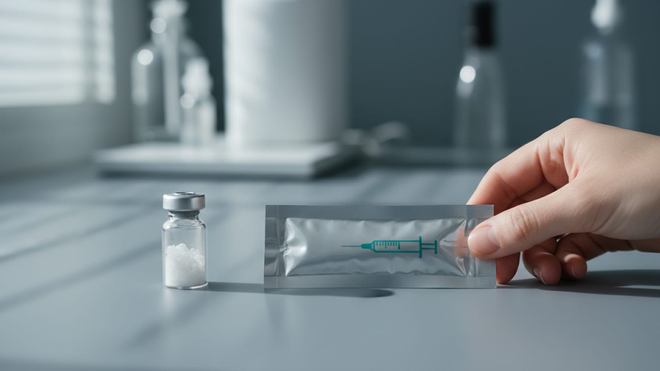 Illustration: A clear glass vial with powder next to a sealed, unbranded foil pouch on a cool grey surface.