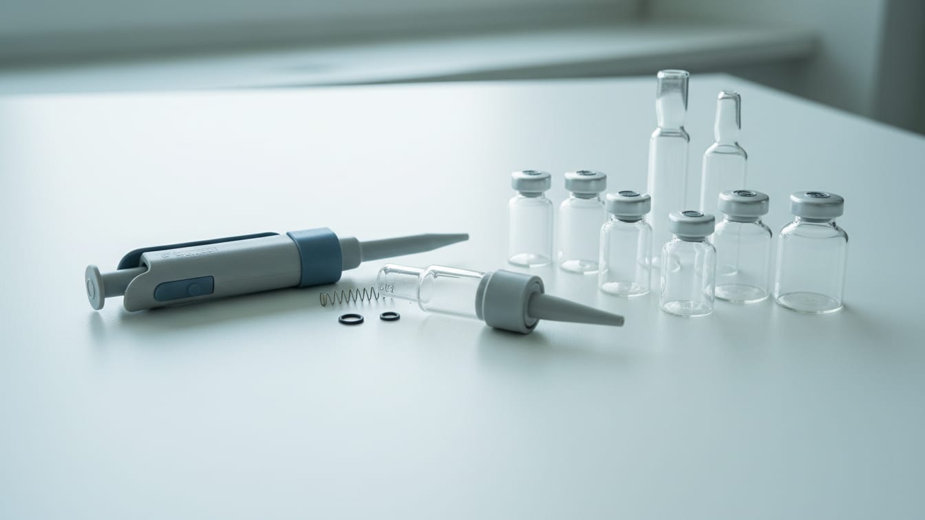 Illustration: A clean, partially disassembled laboratory pipette and empty glass vials on a white lab bench.