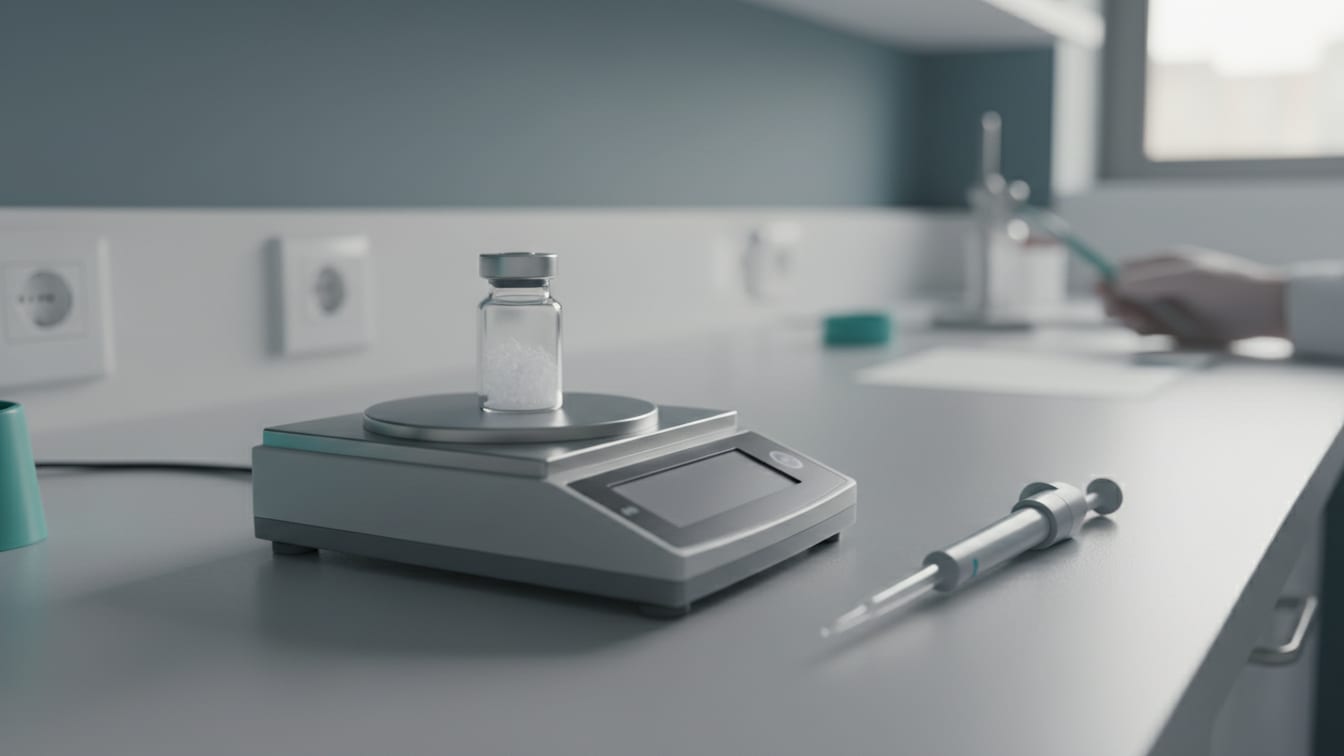 Illustration: Precision scale with a clear glass vial containing lyophilized powder on a cool grey lab bench.