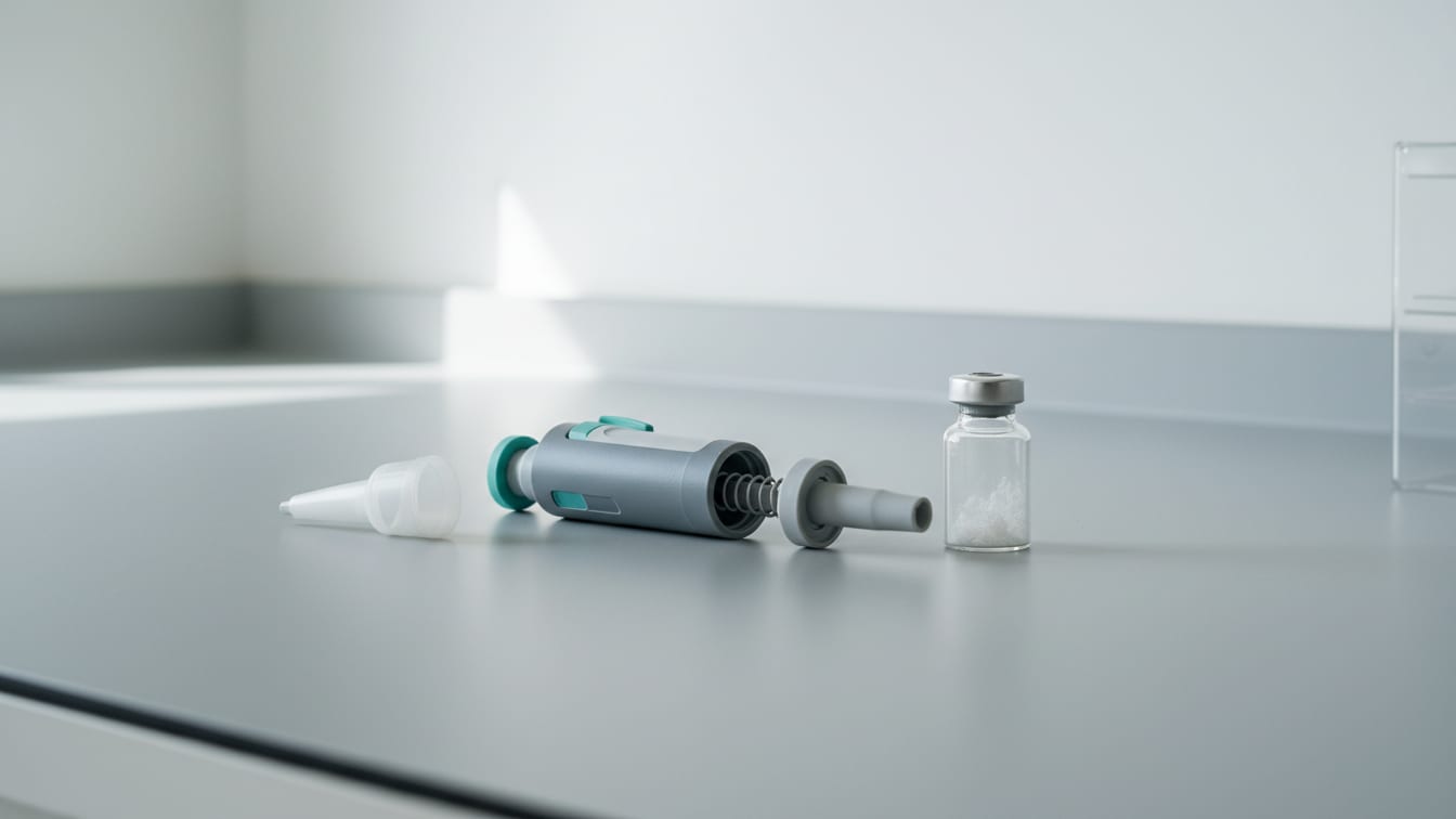 Illustration: A clean, partially disassembled laboratory pipette and a glass vial with powder on a cool grey lab bench.