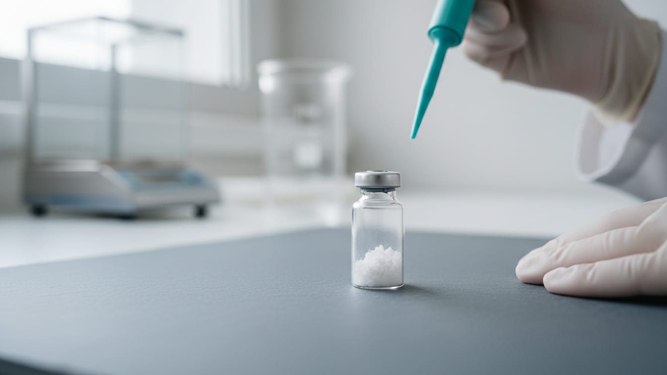 Illustration: A single clear glass vial with white powder on a cool grey surface, lit by soft daylight.