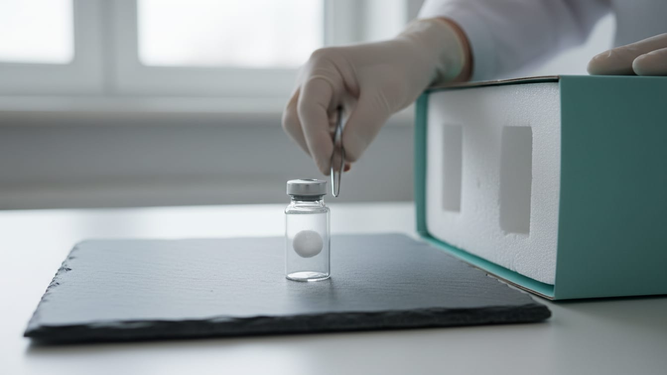 Illustration: A clear glass vial with white powder on a slate surface, next to an insulated shipping box.