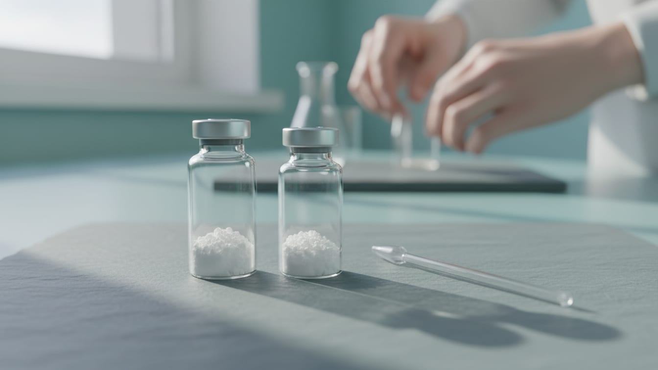 Illustration: Two clear glass vials with powder, a pipette, on a cool grey slate surface.