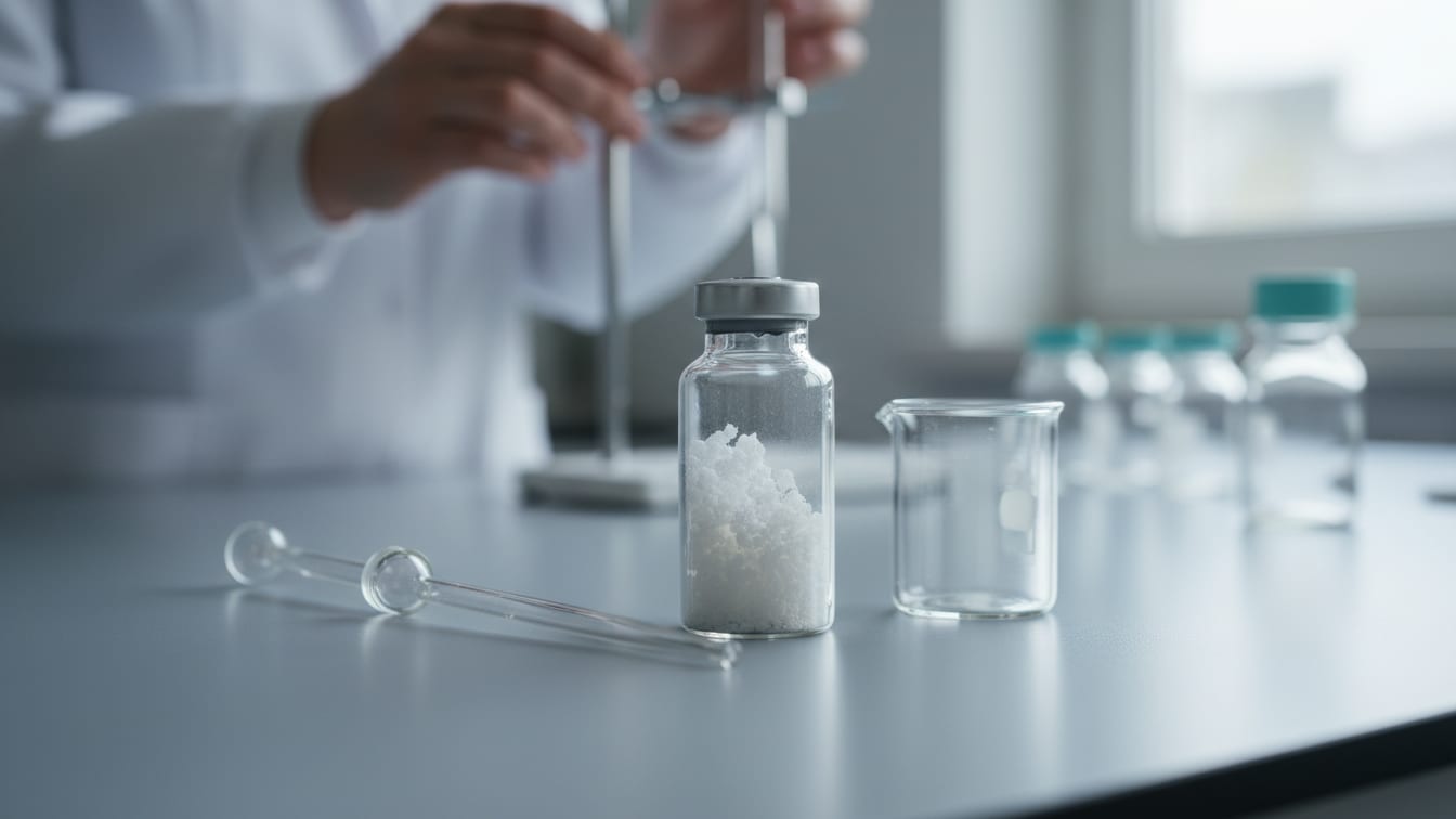 Illustration: A partially-filled clear glass vial of powder on a lab bench with empty glassware.