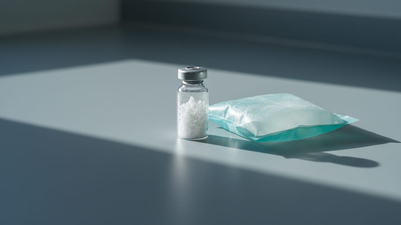 Illustration: A clear glass vial with lyophilized powder and a partially unwrapped cold pack on a cool grey lab bench.