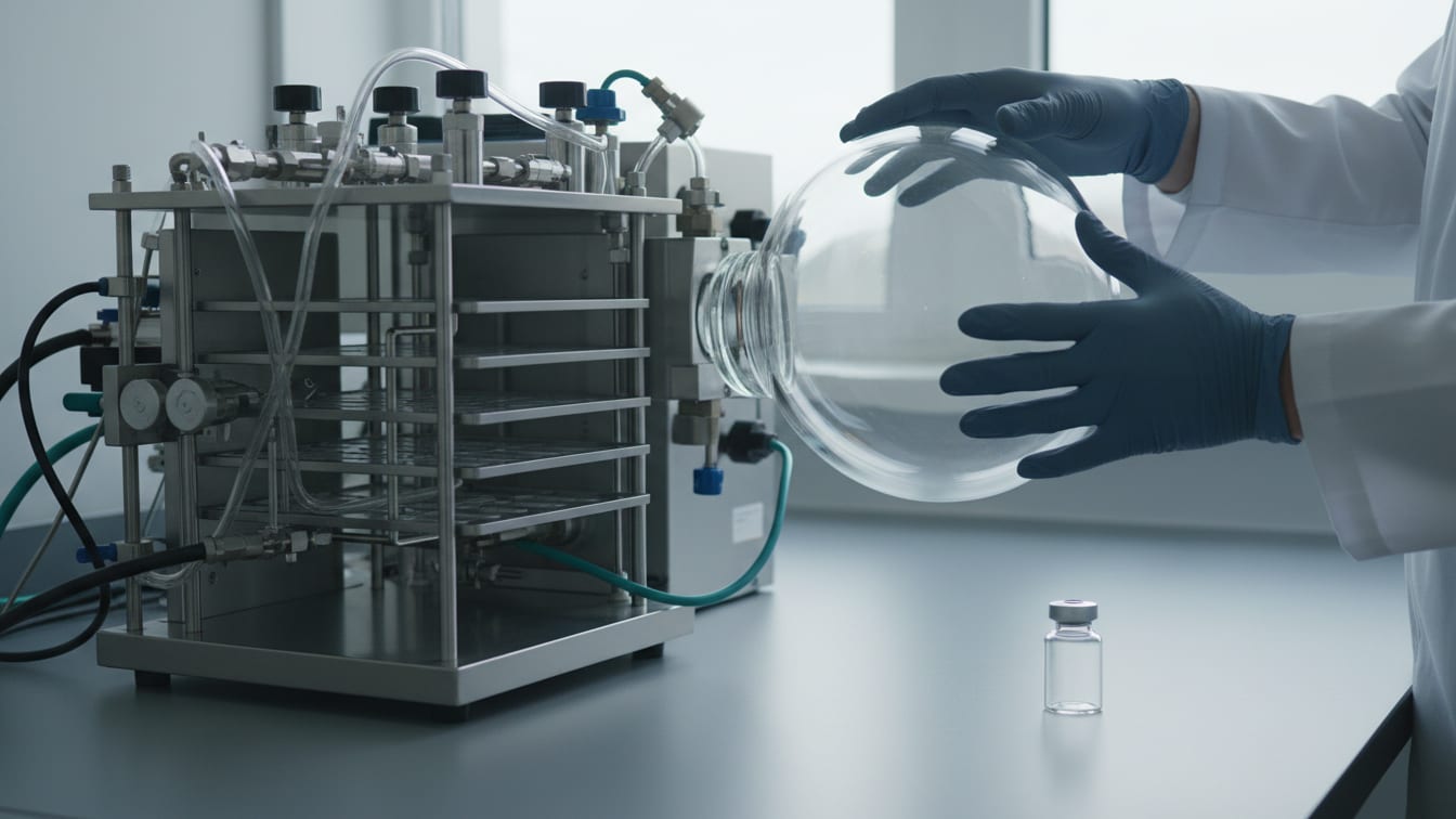 Illustration: Disassembled lyophilizer chamber on a cool grey lab bench with a clear glass vial.