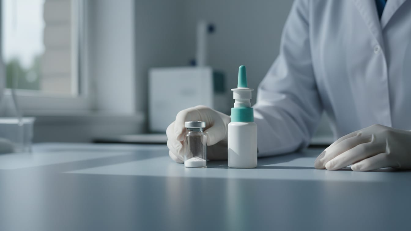 Illustration: A clear glass vial with powder next to a closed nasal spray bottle on a cool grey lab bench.