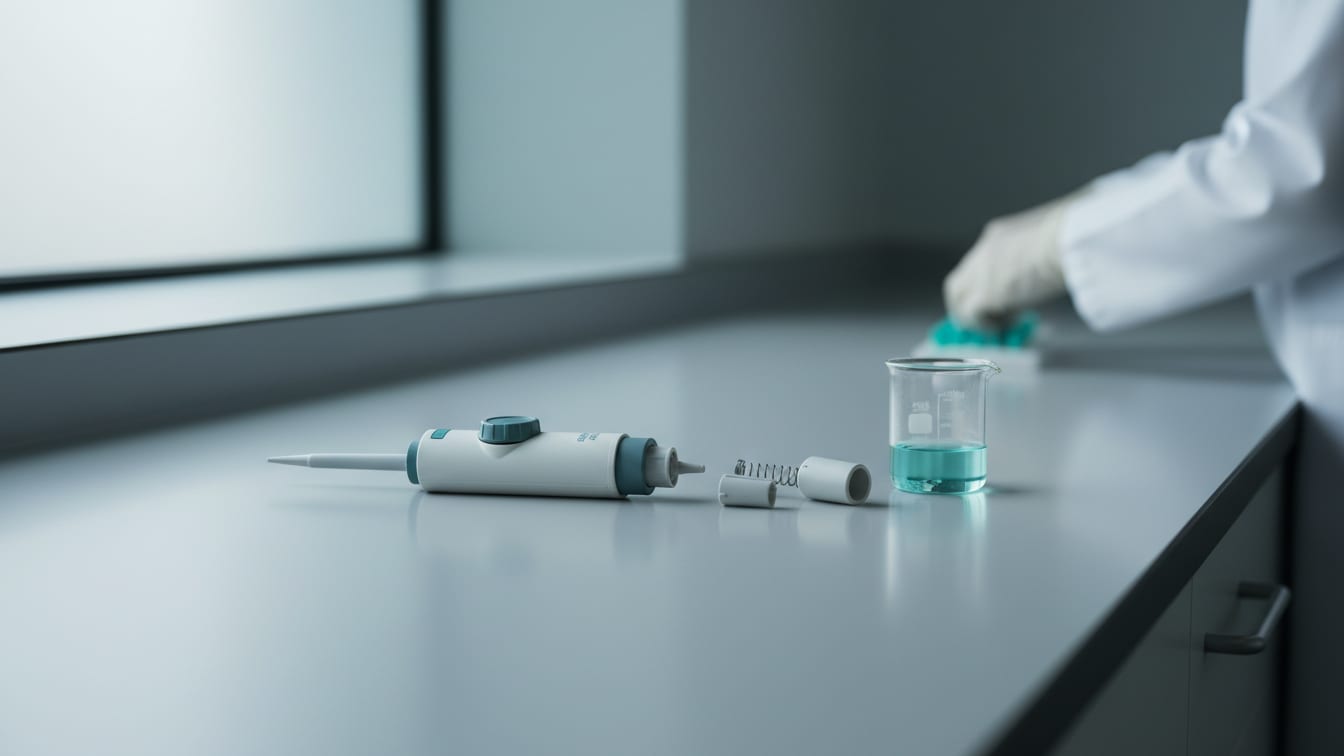 Illustration: A partially disassembled pipette and a small beaker on a cool grey lab bench.