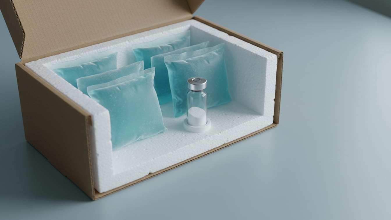 Illustration: An open insulated shipping box with cold packs surrounding a clear glass vial with white powder on a cool.
