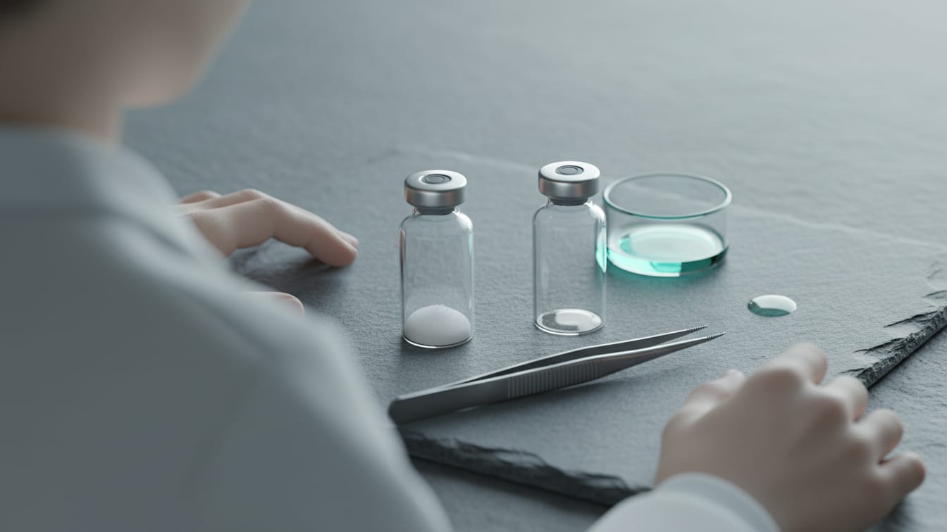 Illustration: Two clear glass vials, one with white powder, next to precision tweezers on a slate surface.
