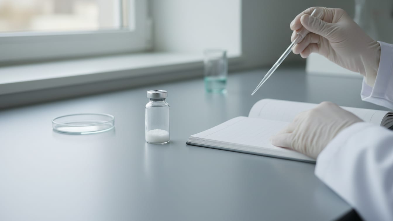 Illustration: A clear glass vial with white powder next to an open notebook on a cool grey lab bench.