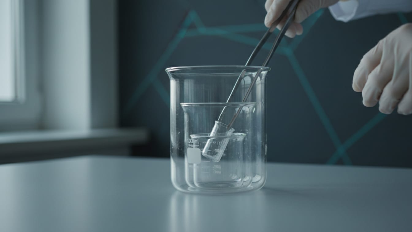 Illustration: Nested clear glass beakers on a cool grey lab bench in soft daylight.