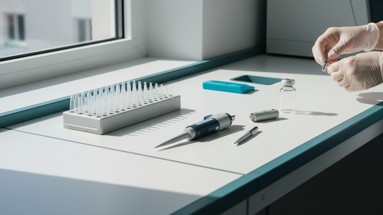 Illustration: A clean, partially disassembled laboratory pipette with an empty glass vial and pipette tips on a lab.
