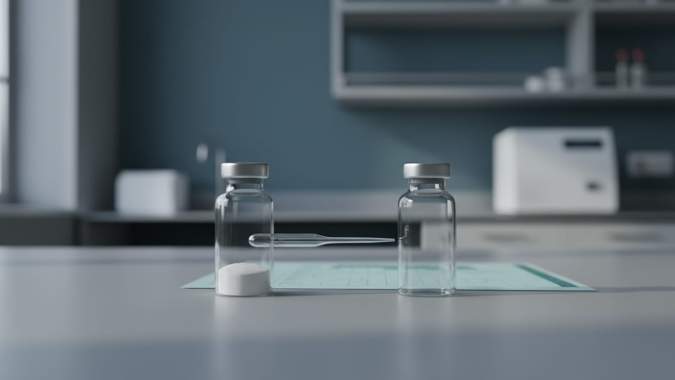 Illustration: Two clear glass vials, one with powder, one empty, on a cool grey lab bench with a pipette.