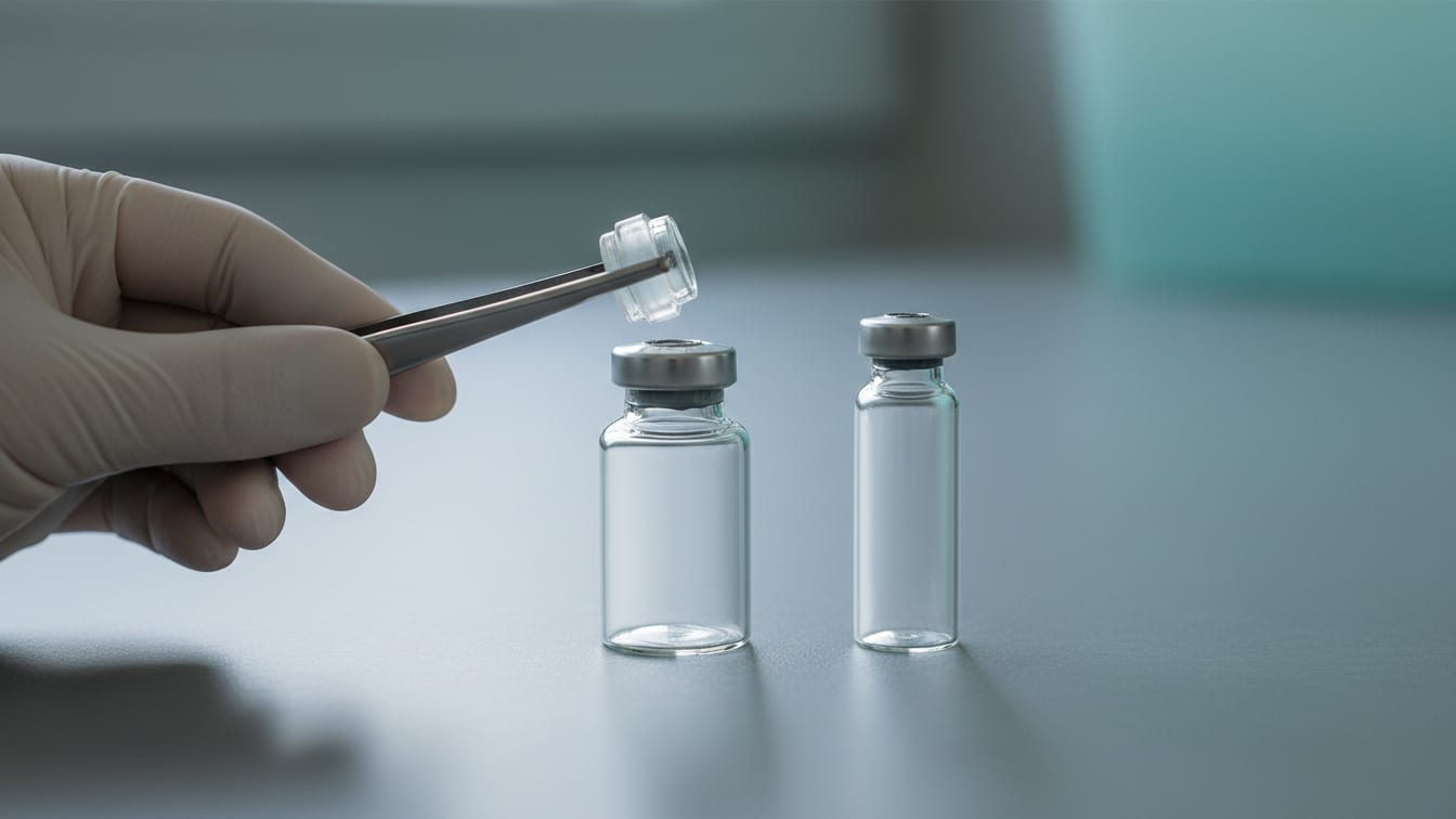 Illustration: Two distinct clear glass laboratory vials, one wider and one more slender, on a cool grey surface.
