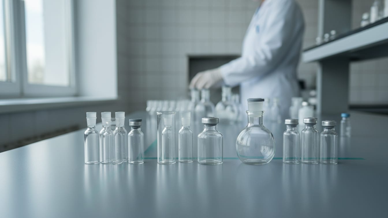 Illustration: Empty glass vials of different sizes on a cool grey lab bench, softly lit.